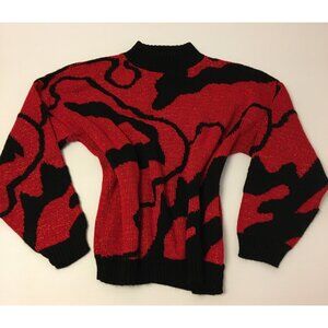 Vintage 80s 90s Geometric Sweater Sparkly Red Metallic and Black  (T5)